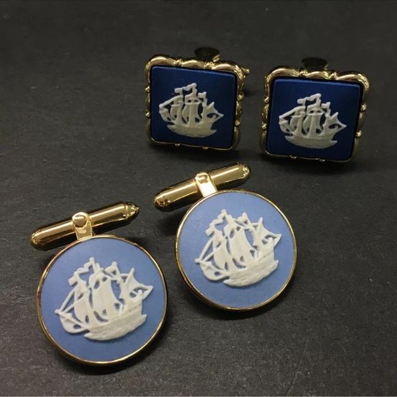 WEDGWOOD Gold Tone Tie Pin Clip Cufflinks Set of 5 - Picture 5 of 8